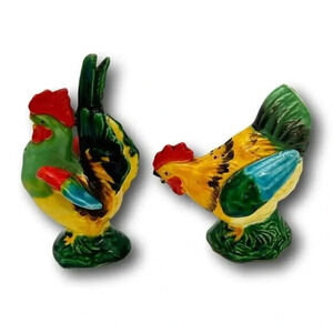 Vintage Japan Rooster Hen  Chickens Salt Pepper Shakers Ceramic Set 1950s